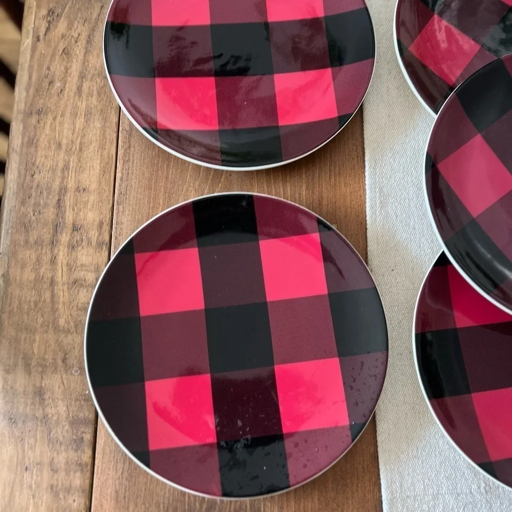Set of 7 Pottery Barn Buffalo Plaid Check Red & Black Stoneware Salad Plates